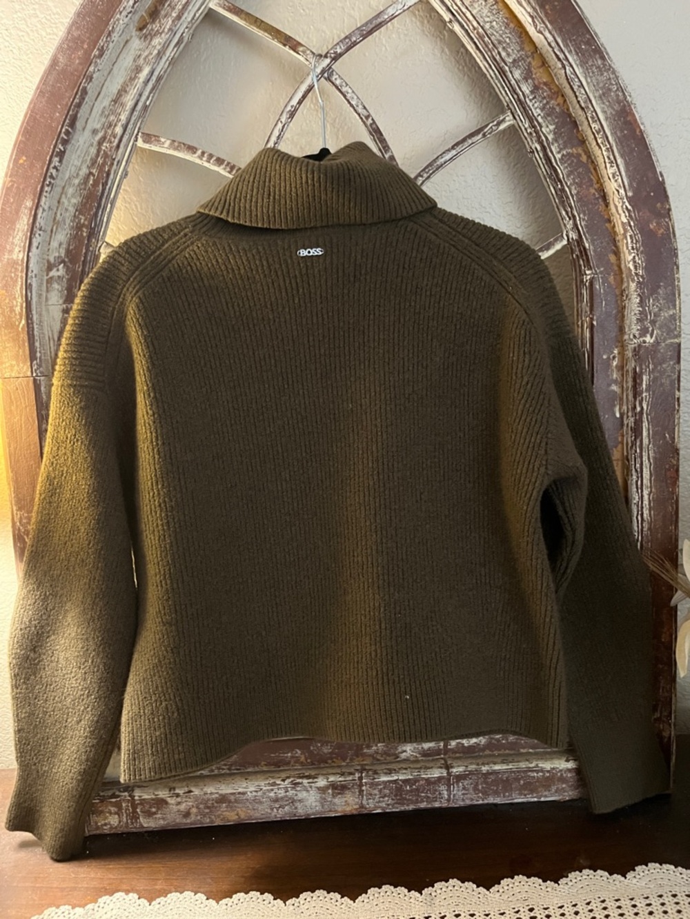 BOSS Olive Ribbed Turtleneck Sweater with Metal Logo,, Dark Olive Green, Size S